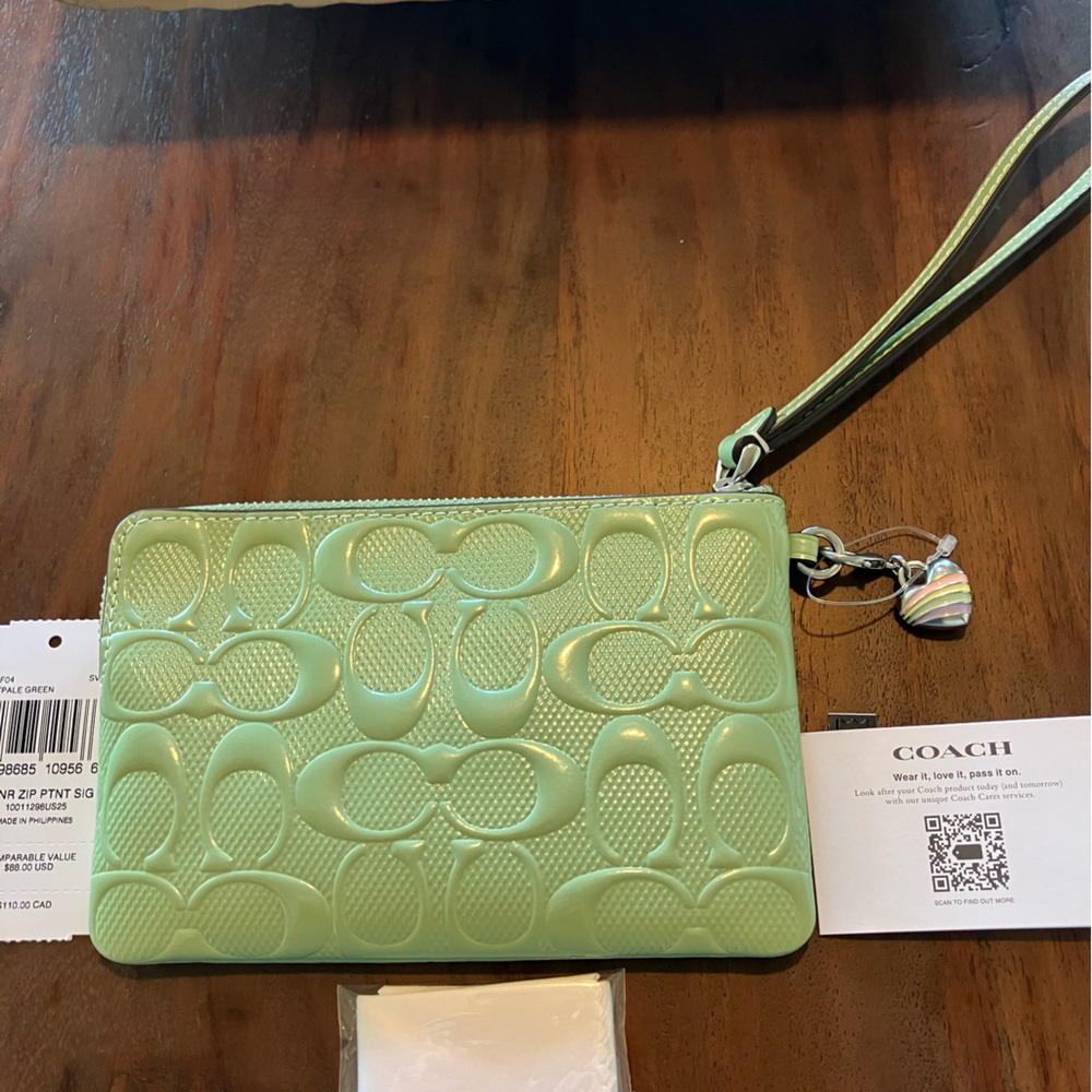 Coach Light Green Leather Zip Wristlet with Strap